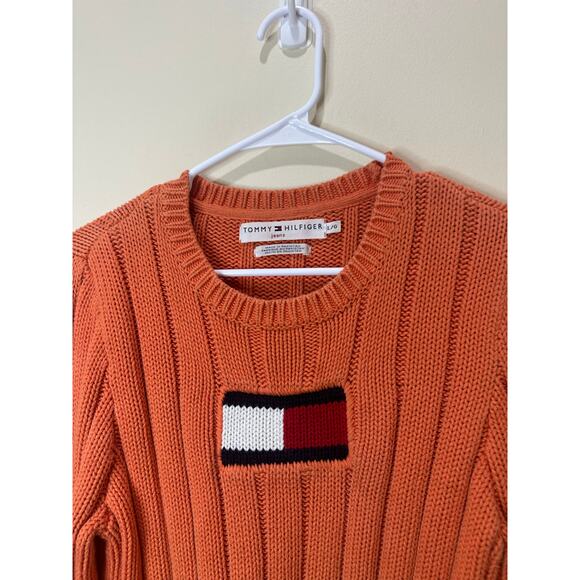 Tommy Hilfiger Vintage Chunky Cotton Logo Sweater Orange Y2K Sz L Women - Picture 2 of 7